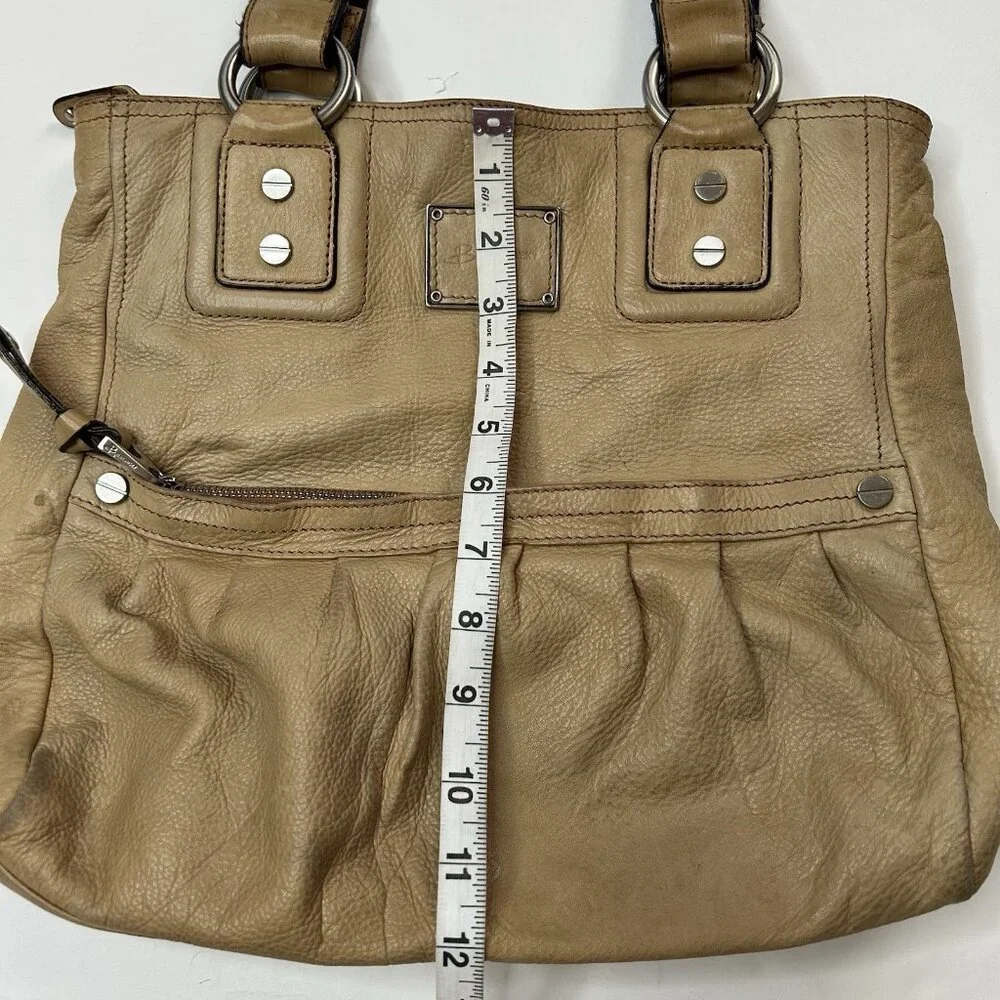 B. Makowsky Tan Leather Shoulder Bag Silver Hardware Leopard Print Lining Hobo